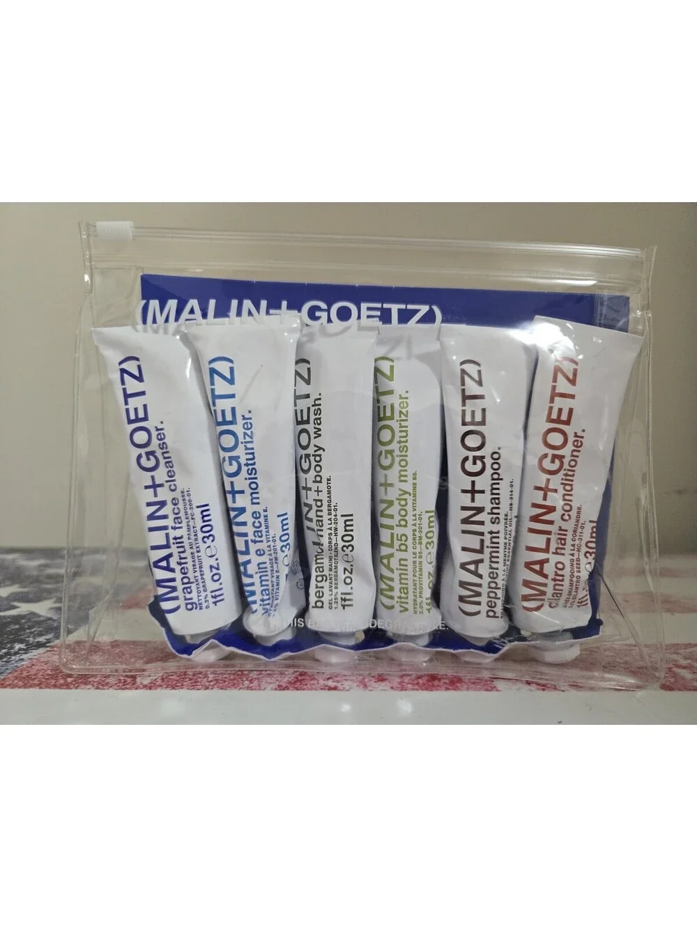 MALIN+GOETZ Deluxe Travel Kit 6pc Face Cleanser Shampoo Body Moisturizer- New